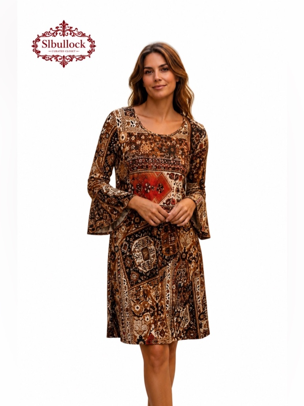 Haani Brown Patchwork Print Long Sleeve Bell-Sleeve Dress